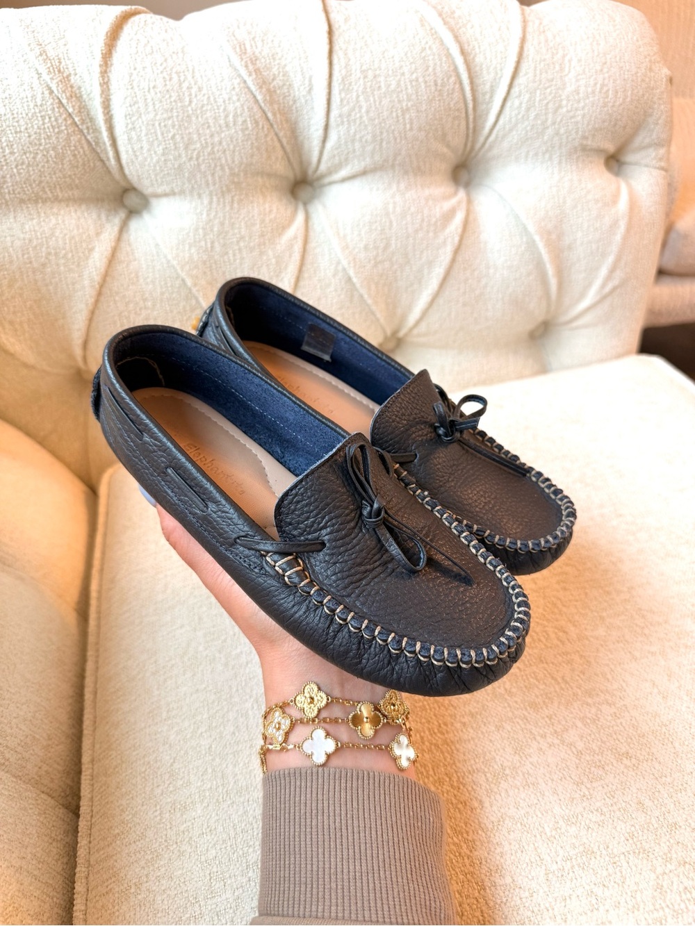 Elephantito Navy Leather Moccasin Loafers for Kids